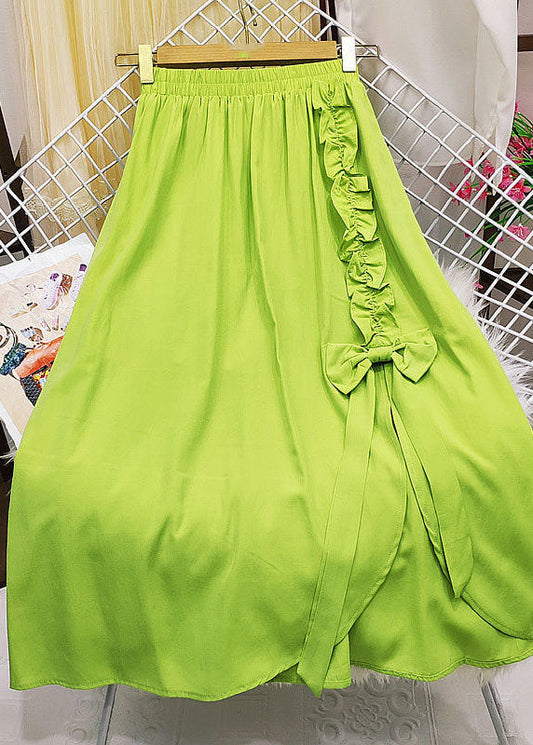 Green Elastic Waist Bow Ruffles Side Open Cotton Skirt Summer