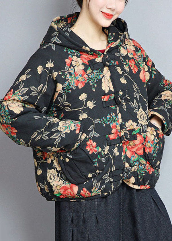 Art Black Hooded Pockets Print Fine Cotton Filled Coats Winter