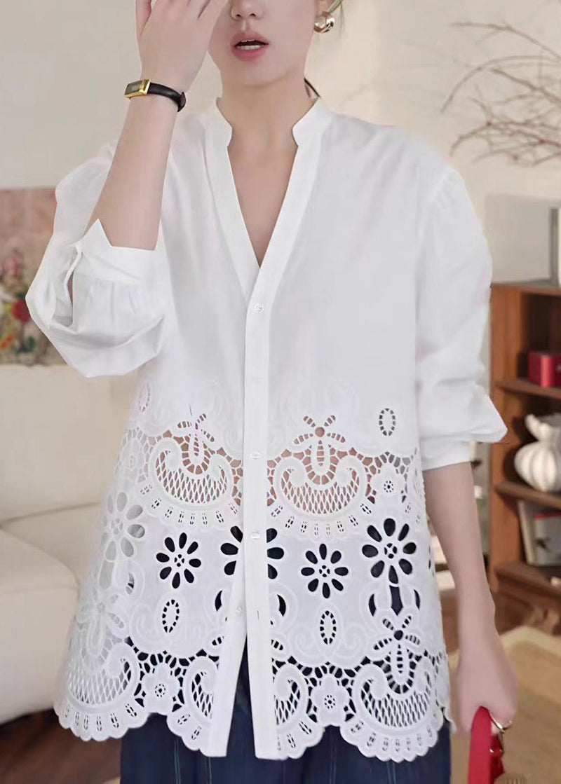 White V Neck Hollow Out Cotton Blouse Tops Fall