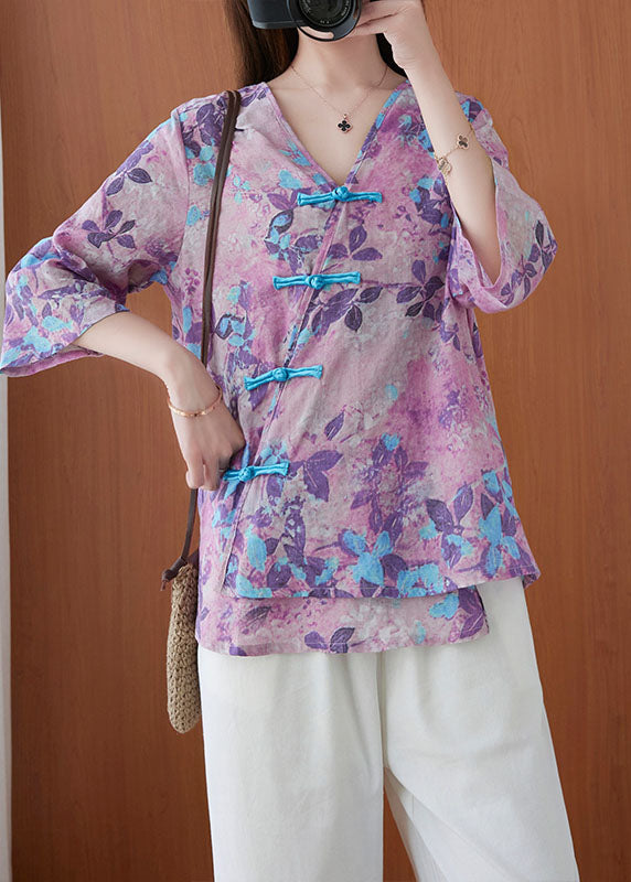 Purple V Neck Button Print Blouse Tops Half Sleeve