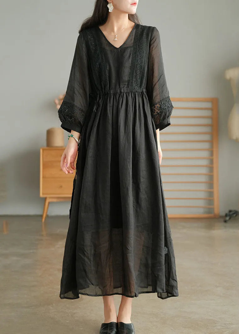 White Wrinkled Embroideried Patchwork Linen Holiday Dress Lantern Sleeve