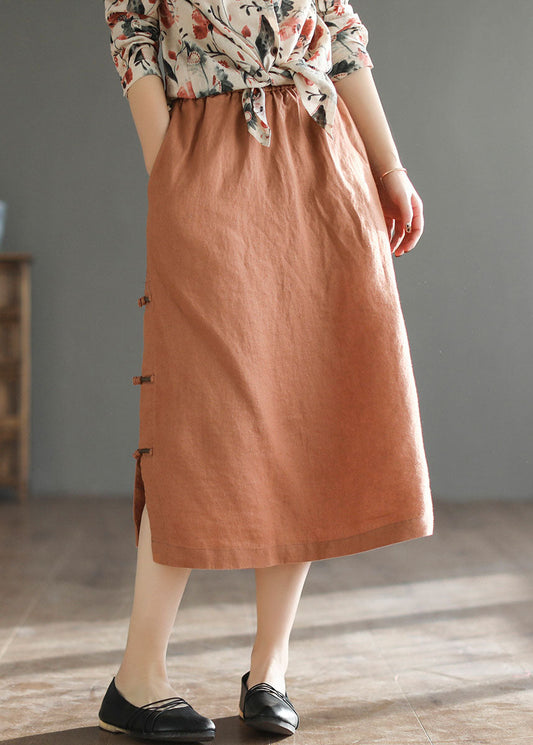 Orange Oriental Elastic Waist Pocket Linen a Line Skirts Summer