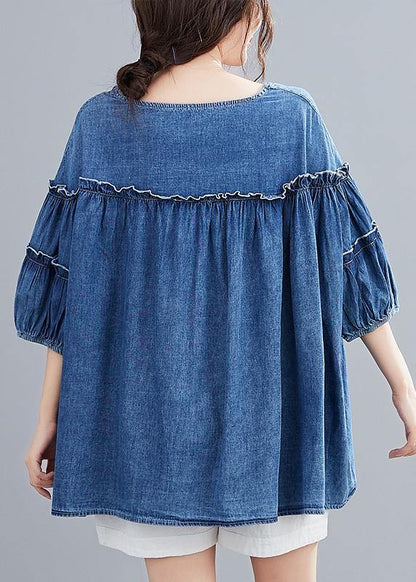 French V Neck Lantern Sleeve Cotton Summer Top Outfits Denim Blue Shirts