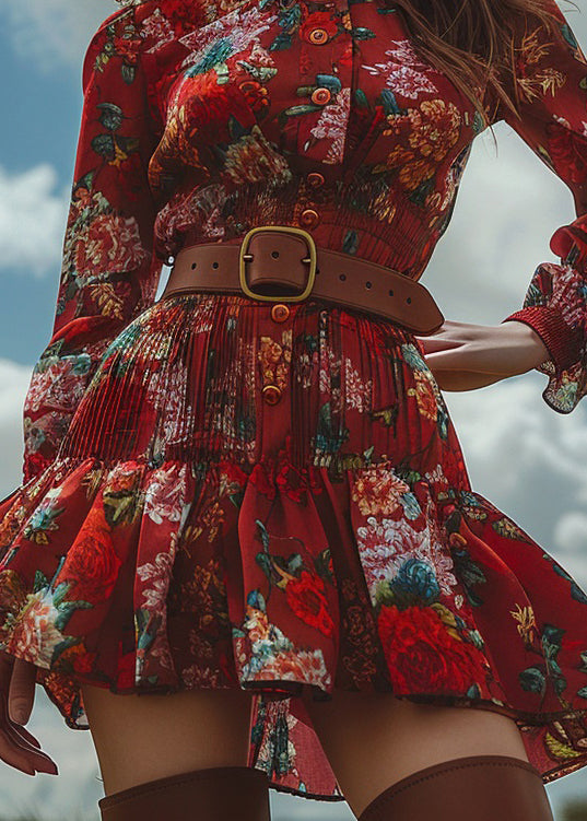 Red Ruffled Print Button Cotton Mini Dress Long Sleeve