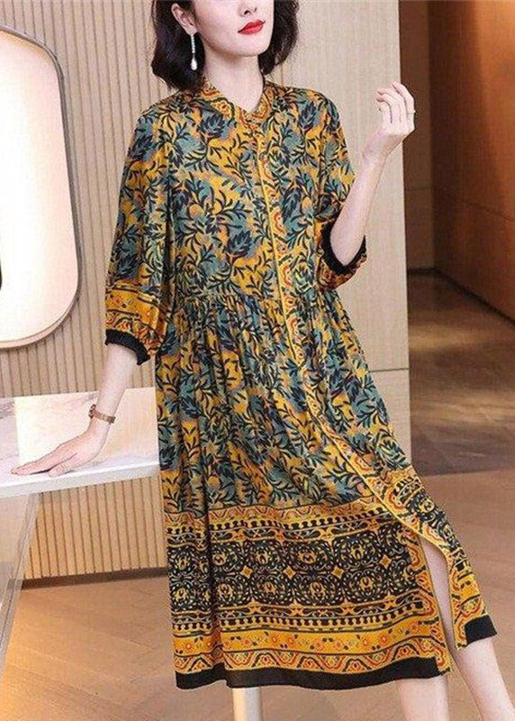 Classy O-neck Print Button Wrinkled Silk Dress Long Sleeve