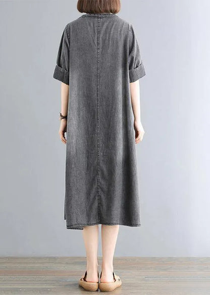 Cotton Wardrobes 18th Century Pure Color Loose Denim Midi Dress