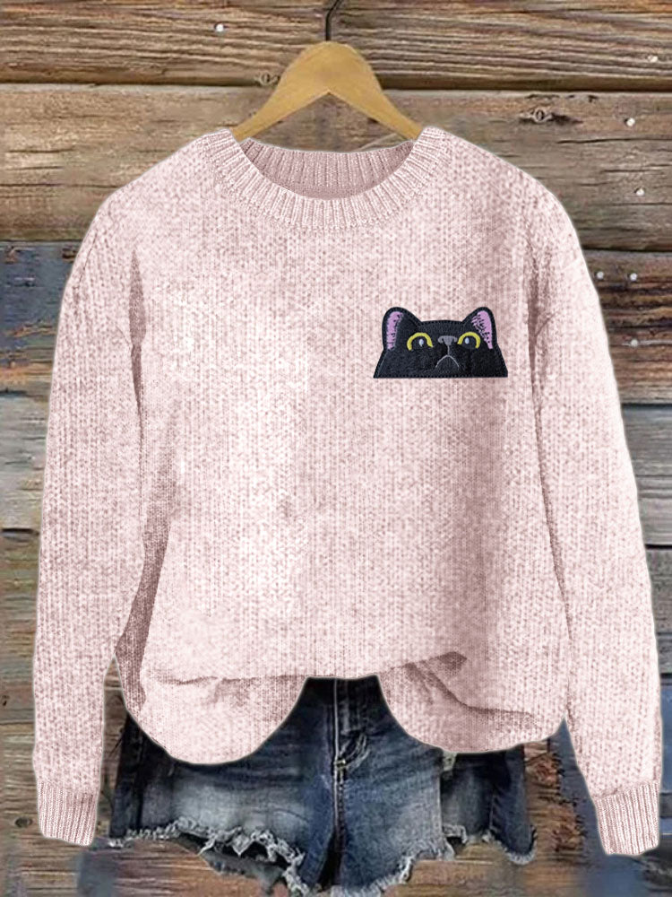 Women's Casual Funny Black Cat Print Sweater elevenforest