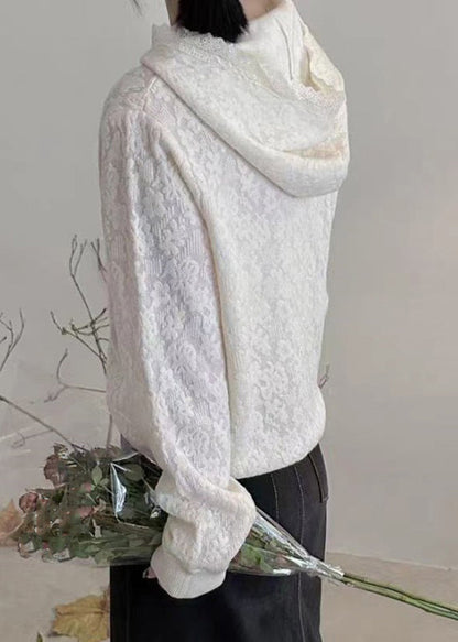 White Pearl Pockets Hooded Cotton Knit Sweaters Lantern Sleeve