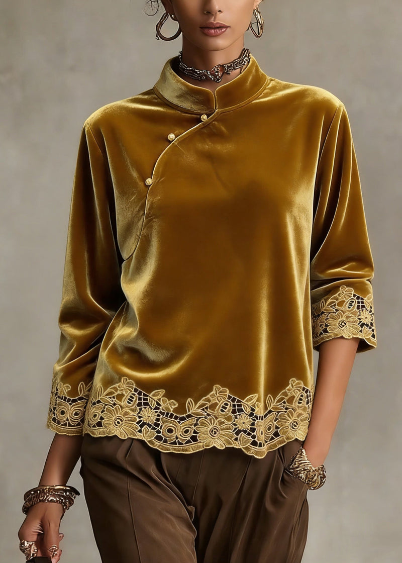 Handmade Yellow Hollow Out Button Shirt Spring