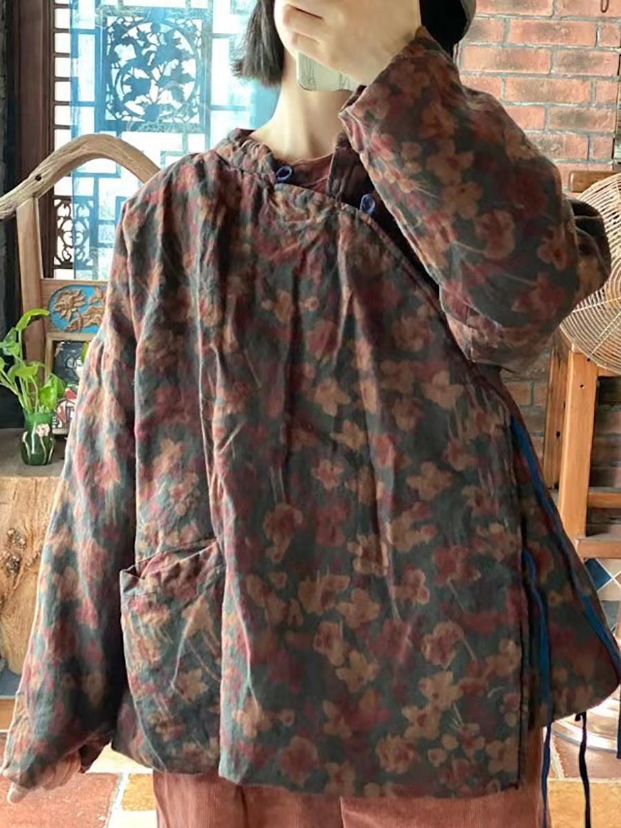 Stand Collar Print Pure Linen Loose Padded Coat