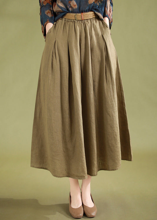 Khaki Pockets High Waist Linen Skirts Summer
