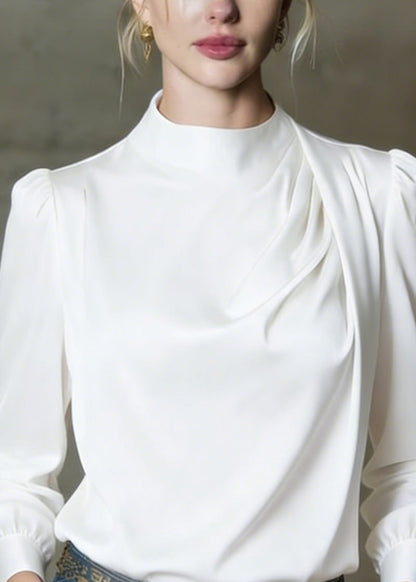 White O Neck Wrinkled Silk Shirts Spring