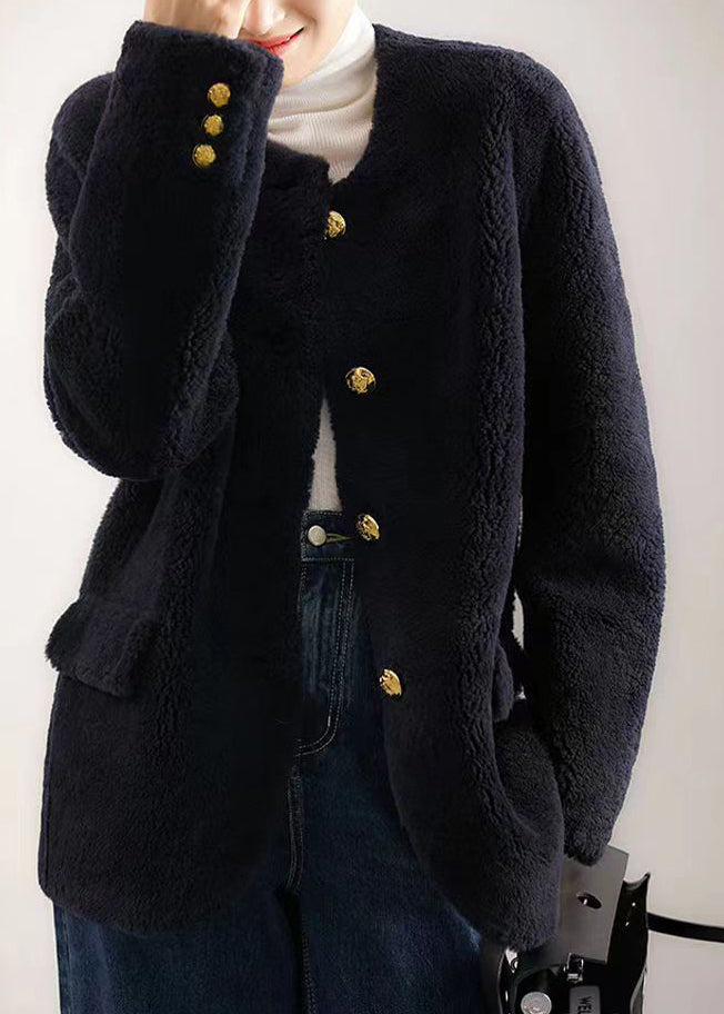 Navy O Neck Pockets Button Patchwork Wool Coat Winter