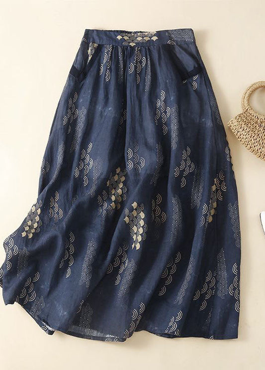 Navy Wrinkled Pockets Patchwork Linen Skirts Summer