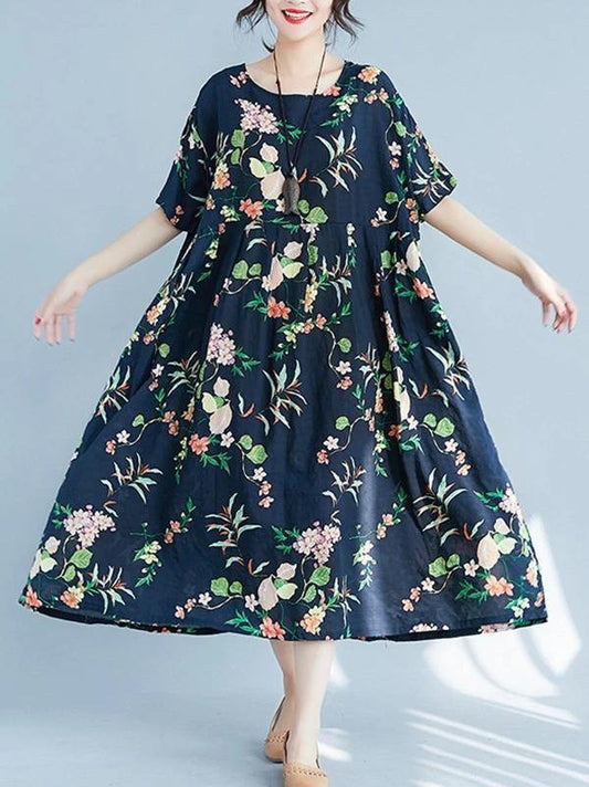Organic Cotton Linen Robes O Neck Large Hem Love Summer Dresses