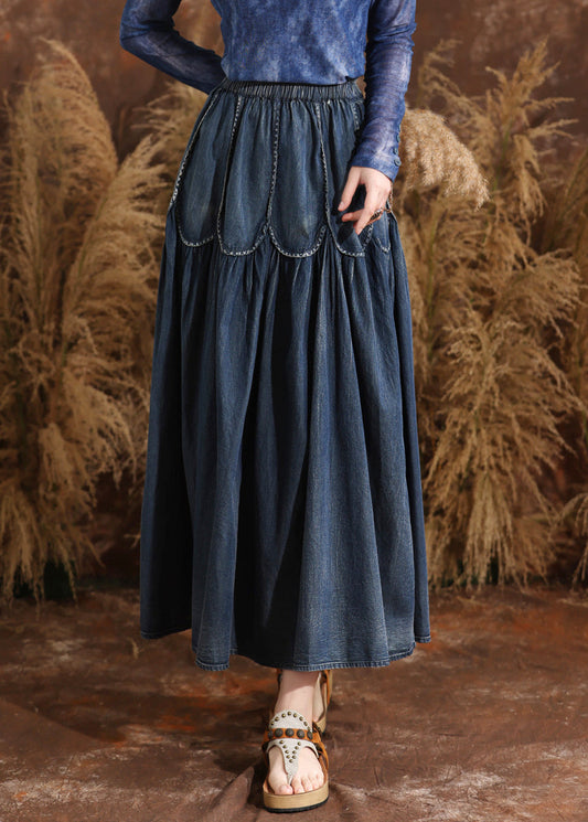 French Navy Patchwork Elastic Waist a Line Denim Skirts Summer