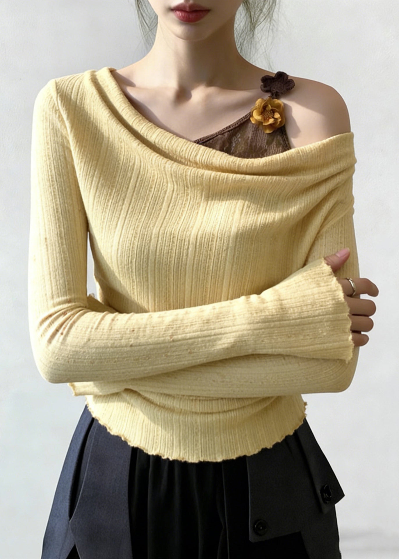 Art Yellow False Two Pieces Patchwork Knitting Cotton T Shirt Flare Sleeve