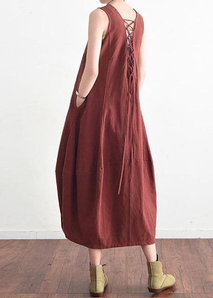 Summer V Neck Cotton Linen Long Dress Baggy Lace Up Backless