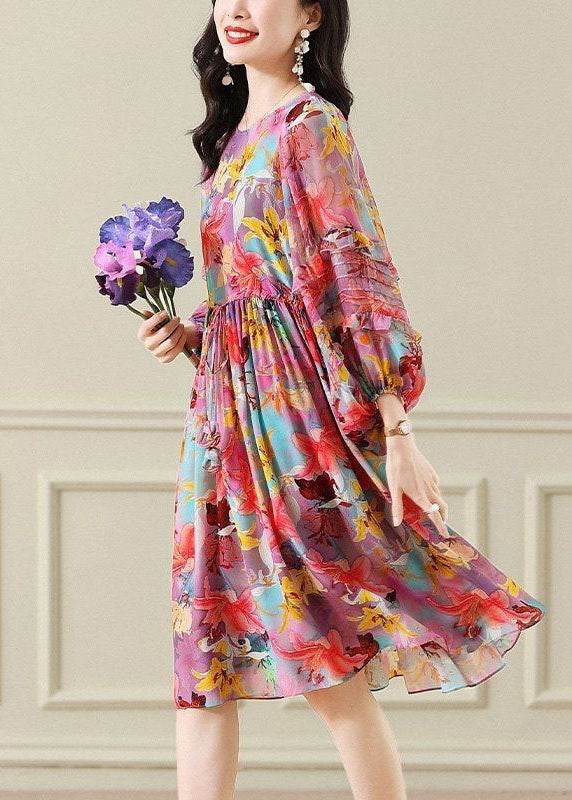 O Neck Wrinkled Patchwork Chiffon Long Dress Summer