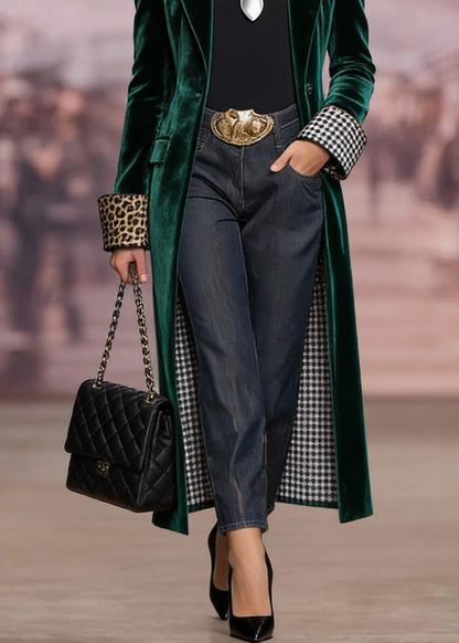 Green Peter Pan Collar Pockets Velvet Coat Spring