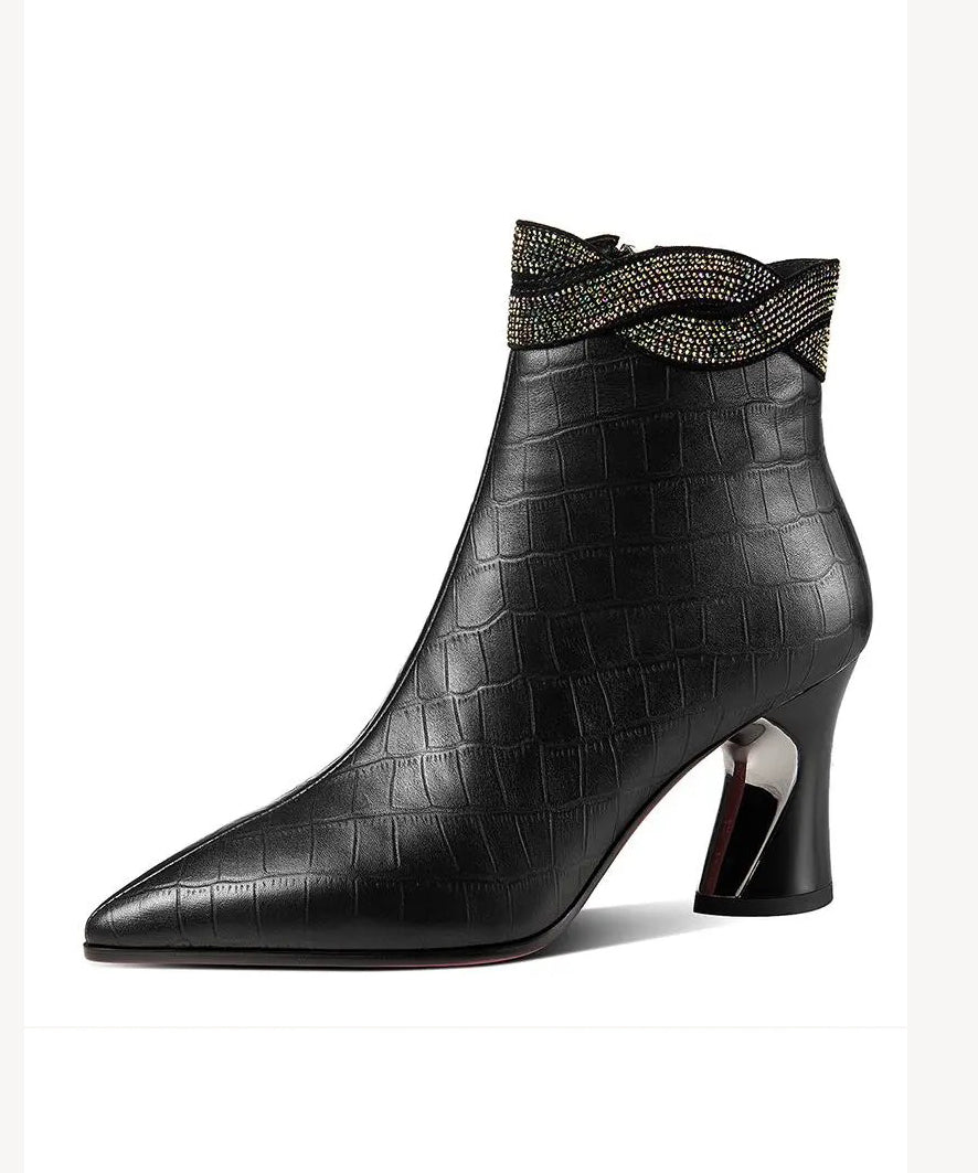 Black Pointed Toe Cowhide Leather Boots Splicing Zircon