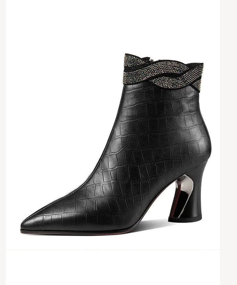 Black Pointed Toe Cowhide Leather Boots Splicing Zircon