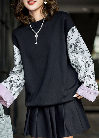Black Oversized Patchwork Print Cotton Loose Sweatshirts Top Winter