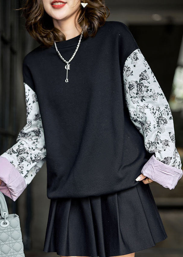 Black Oversized Patchwork Print Cotton Loose Sweatshirts Top Winter