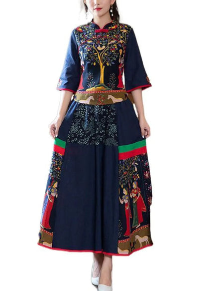 Navy Stand Collar Tops and Skirts Cotton Two Pieces Set Spring
