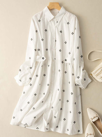 100% Natural Fabric Printed Long Sleeve Shirt Dress With Pockets