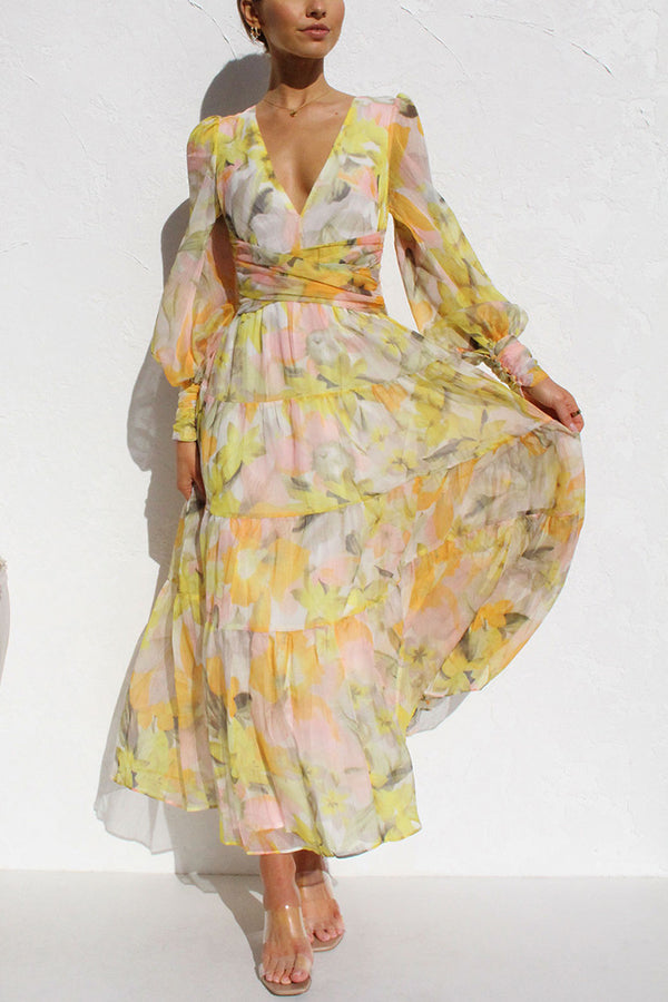 Yellow Olena Abstract Balloon Sleeves Maxi Dress