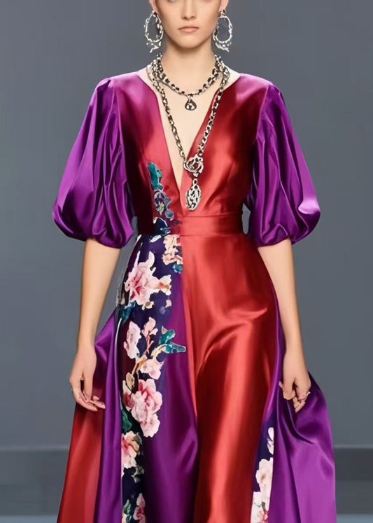 Polychrome Print Silk Maxi Dresses Asymmetrical Design Lantern Sleeve