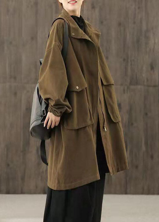 Handmade Coffee Zippered Pockets Patchwork Fall Trench Coats