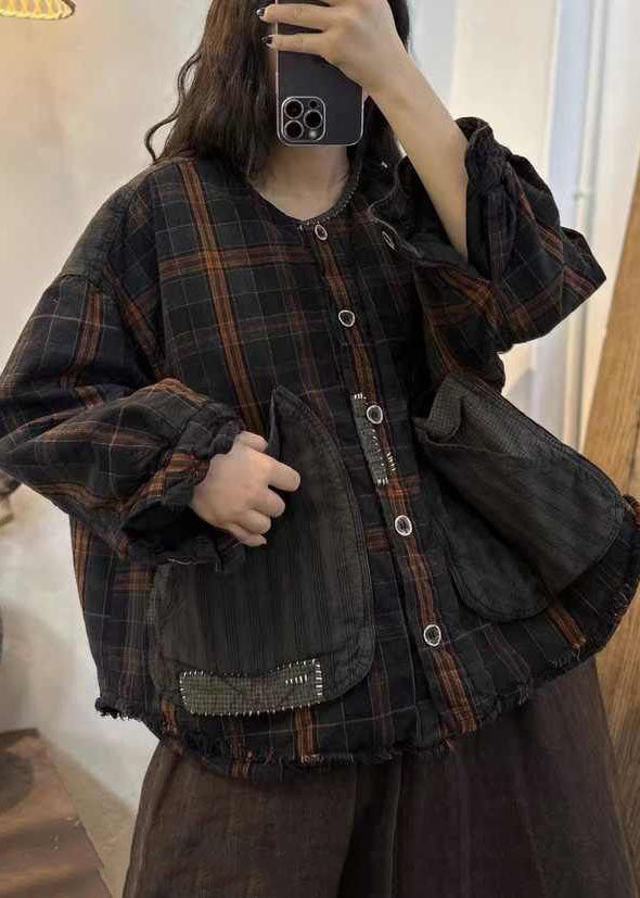 Black Brown Plaid Oversized Patchwork Big Pockets Fine Cotton Filled Coat Winter