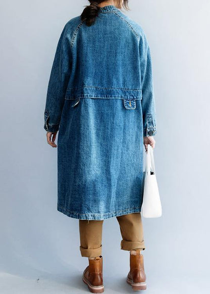 Light Blue Fine Tunic Coat Tunic Tops Stand Collar Patchwork Coat