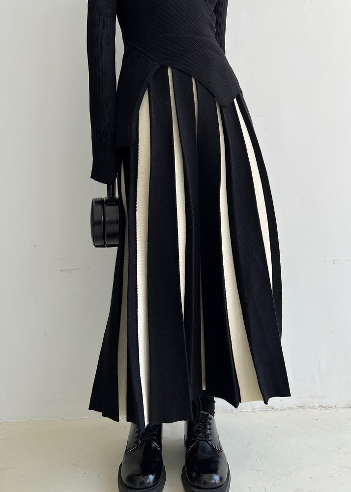 White Patchwork High Waist Knit a Line Skirts Fall