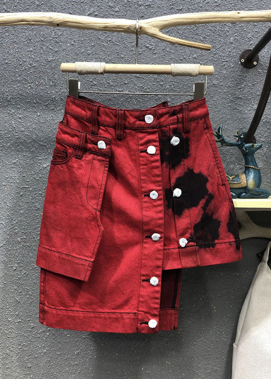 Red High Waist Patchwork Button Asymmetrical Denim Skirt Summer