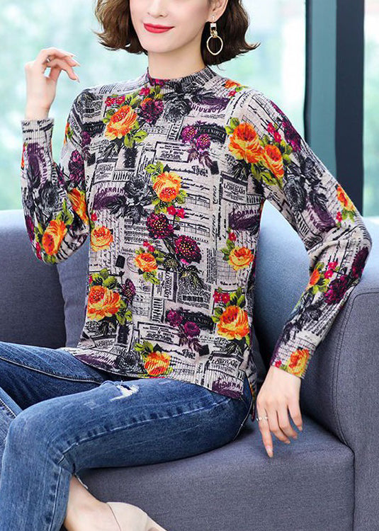 Yellow Print Patchwork Cotton Knit Top Spring