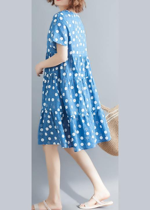 O Neck Cinched Cotton Linen Blue Print Dresses Summer