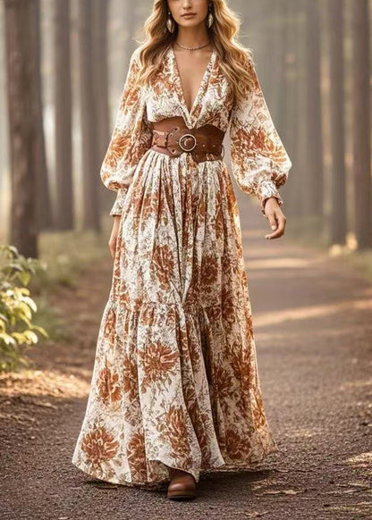 Khaki Cinched Print Cotton Maxi Dresses Spring