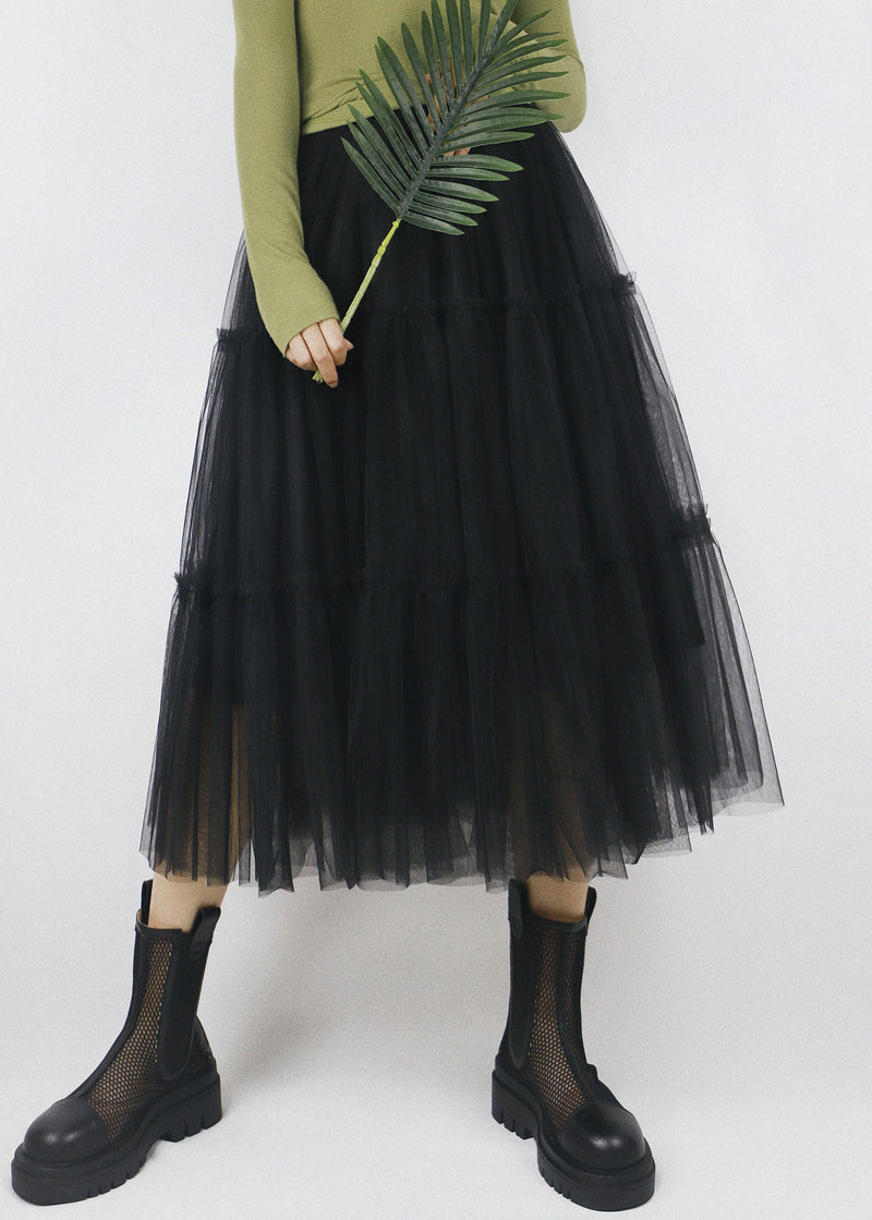 Black Elastic Waist Patchwork Tulle Skirt Ruffled
