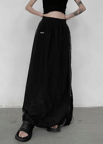 Black Pockets Elastic Waist Patchwork Cotton Maxi Skirts Fall
