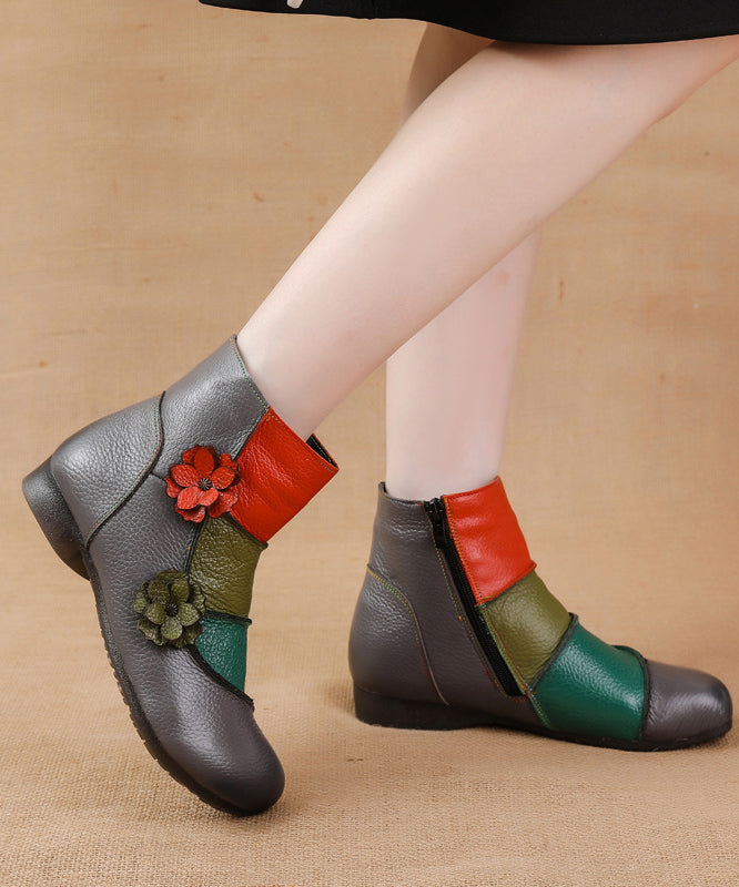 Soft Cowhide Leather Boots Black Splicing