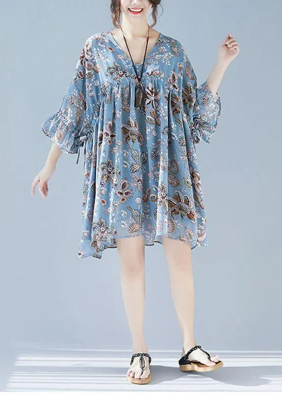 Blue V Neck Loose Print Summer Chiffon Long Dresses Half Sleeve
