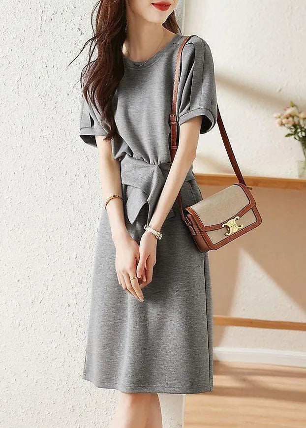 Simple Grey O Neck Patchwork T Shirt and Skirtss Cotton Two Pieces Set Fall