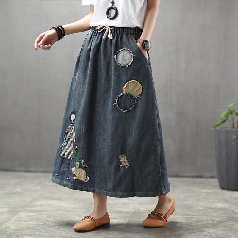 Cozy Thin Cartoon Embroidered Patch Swing Denim Skirt