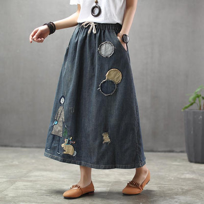 Cozy Thin Cartoon Embroidered Patch Swing Denim Skirt