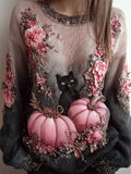 Comstylish Black Cat & Pink Pumpkins Floral Gradient Knit Sweater