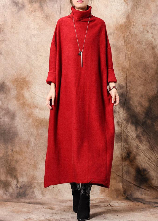 Pullover High Neck Sweater Dresses Red Hipster Knitted Tops Fall