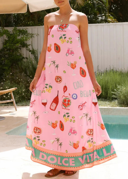 Pink Print Strapless Cotton Vacation Maxi Dress